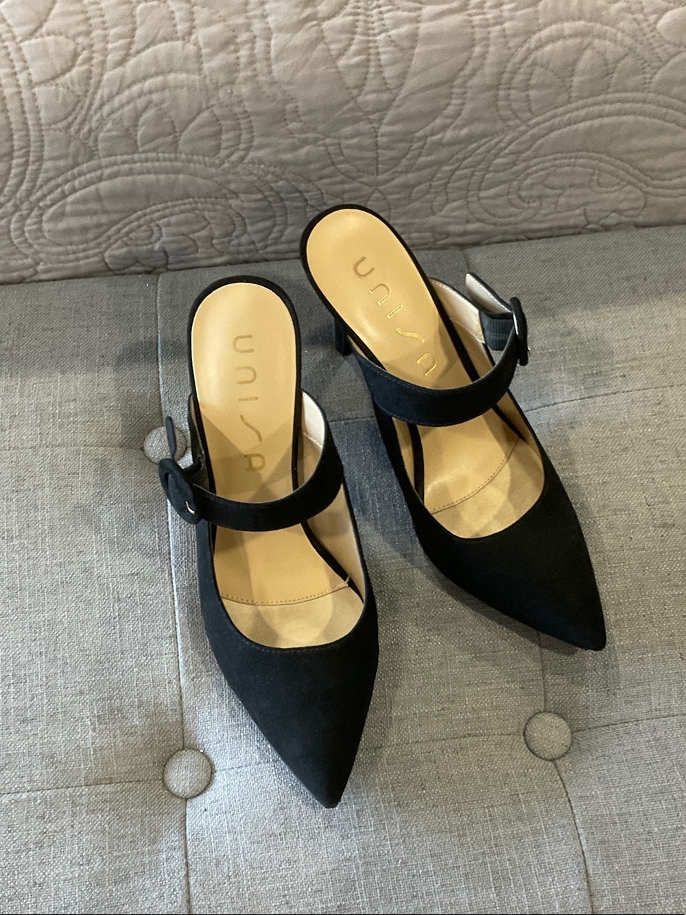 Unisa Black Pointed Mary-Jane Strap Mules with Buckle